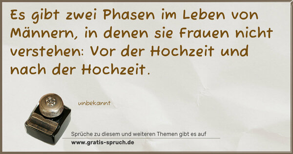 Es gibt zwei Phasen im Leben von Männern, in denen sie Frauen nicht verstehen:
Vor der Hochzeit und nach der Hochzeit.