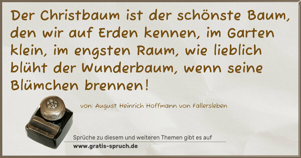 Der Christbaum ist der schönste Baum,
den wir auf Erden kennen,
im Garten klein, im engsten Raum,
wie lieblich blüht der Wunderbaum,
wenn seine Blümchen brennen!