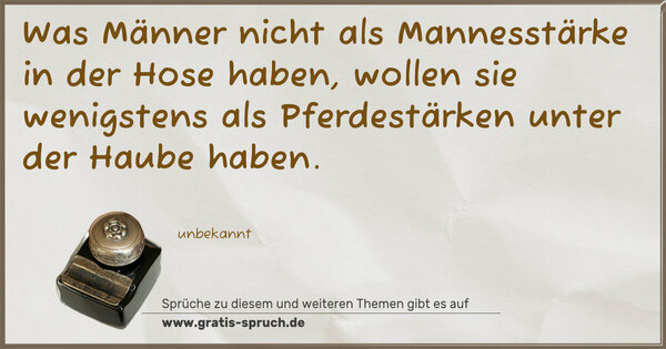 Was Männer nicht als Mannesstärke in der Hose haben, wollen sie wenigstens als Pferdestärken unter der Haube haben.
