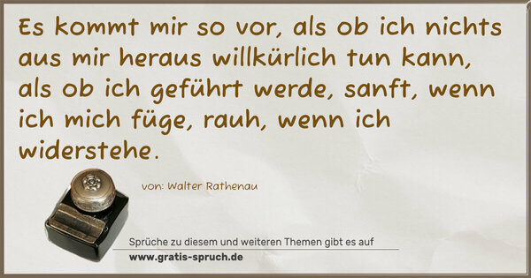 Es kommt mir so vor,
als ob ich nichts aus mir heraus willkürlich tun kann,
als ob ich geführt werde, sanft, wenn ich mich füge,
rauh, wenn ich widerstehe.
