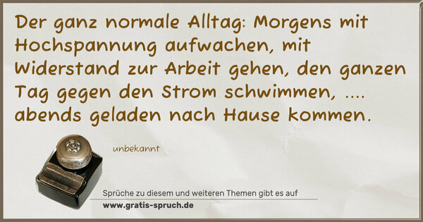 Der ganz normale Alltag:
Morgens mit Hochspannung aufwachen,
mit Widerstand zur Arbeit gehen,
den ganzen Tag gegen den Strom schwimmen,
.... abends geladen nach Hause kommen.