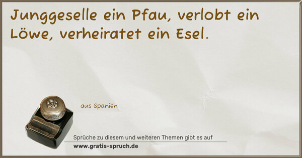 Junggeselle ein Pfau,
verlobt ein Löwe,
verheiratet ein Esel.
