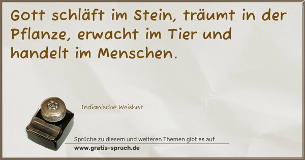 Gott schläft im Stein,
träumt in der Pflanze,
erwacht im Tier
und handelt im Menschen.