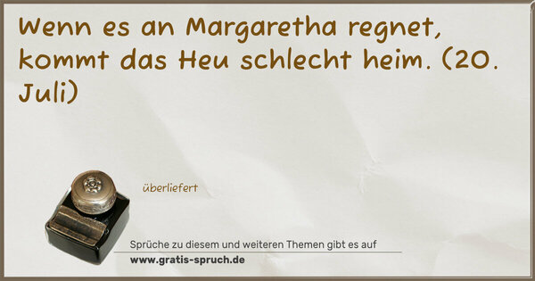 Spruch Visualisierung: Wenn es an Margaretha regnet, kommt das Heu schlecht heim.
(20. Juli)