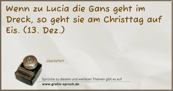 Wenn zu Lucia die Gans geht im Dreck,
so geht sie am Christtag auf Eis.
(13. Dez.)