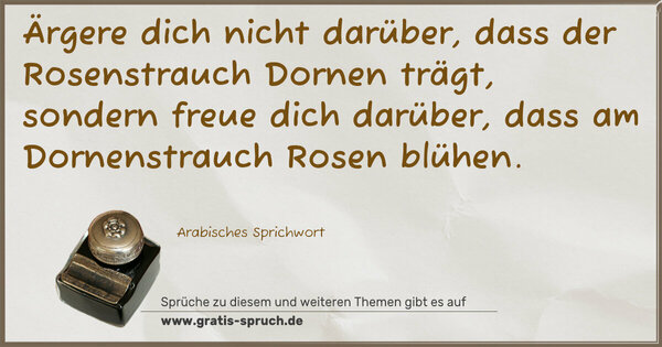 Ärgere dich nicht darüber,
dass der Rosenstrauch Dornen trägt,
sondern freue dich darüber,
dass am Dornenstrauch Rosen blühen.