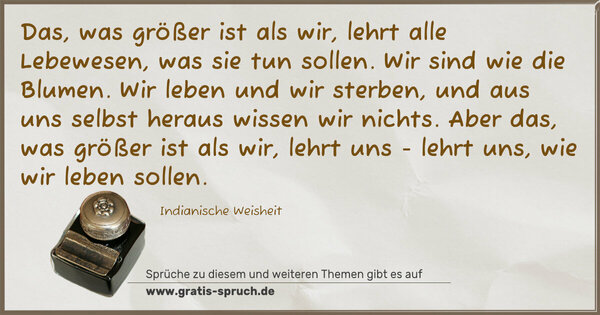 Das, was größer ist als wir, lehrt alle Lebewesen, was sie tun sollen. Wir sind wie die Blumen. Wir leben und wir sterben,
und aus uns selbst heraus wissen wir nichts.
Aber das, was größer ist als wir, lehrt uns - lehrt uns, wie wir leben sollen.
