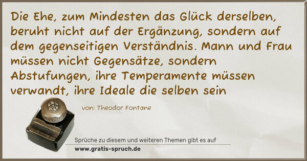 Die Ehe, zum Mindesten das Glück derselben,
beruht nicht auf der Ergänzung,
sondern auf dem gegenseitigen Verständnis.
Mann und Frau müssen nicht Gegensätze,
sondern Abstufungen,
ihre Temperamente müssen verwandt,
ihre Ideale die selben sein