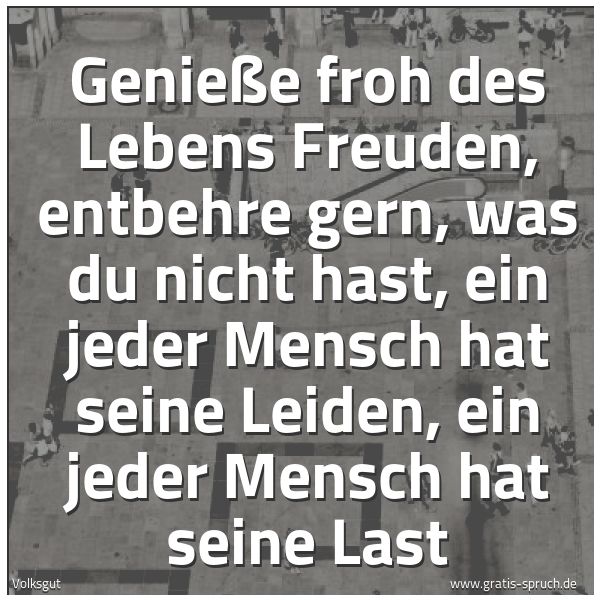 Spruchbild mit dem Text 'Genieße froh des Lebens Freuden,
entbehre gern, was du nicht hast,
ein jeder Mensch hat seine Leiden,
ein jeder Mensch hat seine Last'