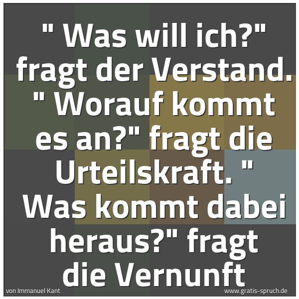 Spruchbild mit dem Text '' Was will ich?' fragt der Verstand.
' Worauf kommt es an?' fragt die Urteilskraft.
' Was kommt dabei heraus?' fragt die Vernunft
'