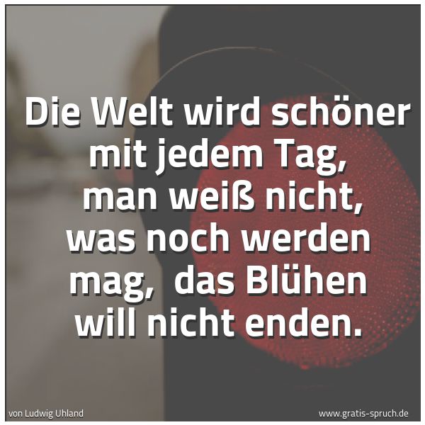Spruchbild mit dem Text 'Die Welt wird schöner mit jedem Tag,
man weiß nicht, was noch werden mag,
das Blühen will nicht enden.'