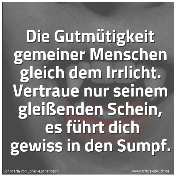 Spruchbild mit dem Text 'Die Gutmütigkeit gemeiner Menschen gleich dem Irrlicht. Vertraue nur seinem gleißenden Schein,
es führt dich gewiss in den Sumpf.'