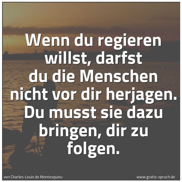 Spruchbild mit dem Text 'Wenn du regieren willst, darfst du die Menschen nicht vor dir herjagen. Du musst sie dazu bringen, dir zu folgen.'