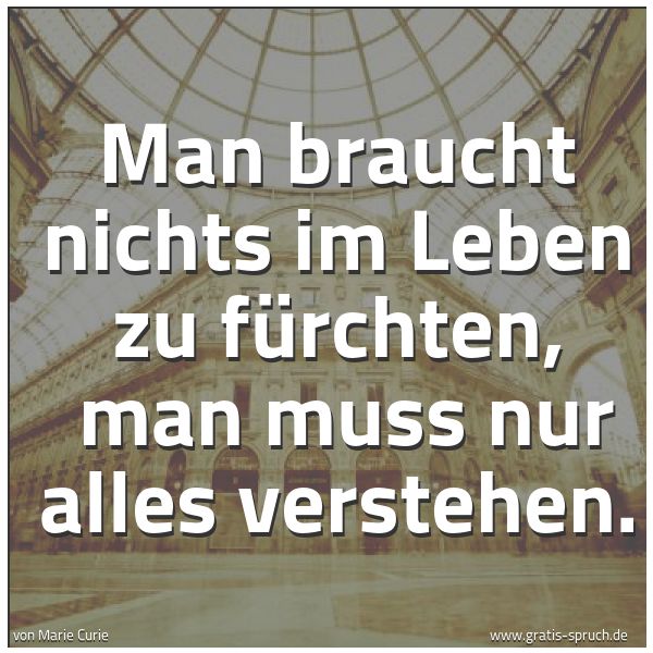 Spruchbild mit dem Text 'Man braucht nichts im Leben zu fürchten,
man muss nur alles verstehen.'