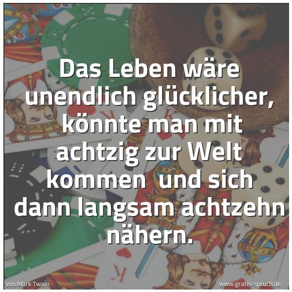 Spruchbild mit dem Text 'Das Leben wäre unendlich glücklicher,
könnte man mit achtzig zur Welt kommen
und sich dann langsam achtzehn nähern.'