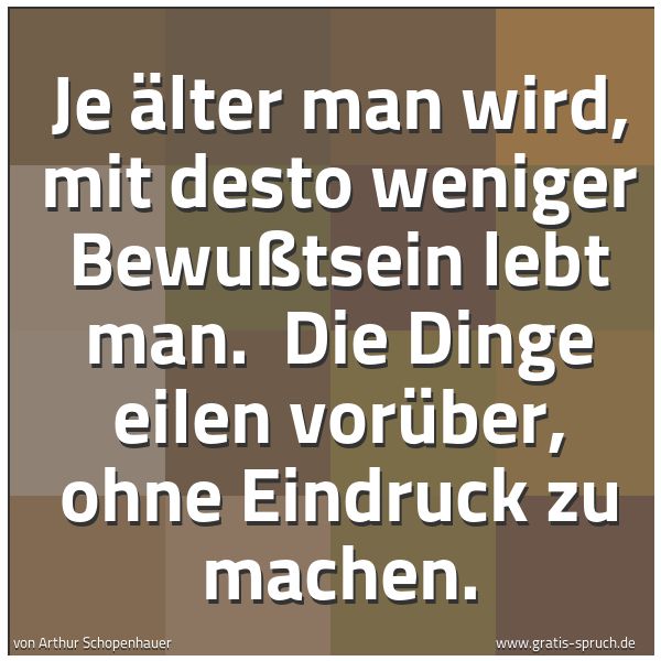 Spruchbild mit dem Text 'Je älter man wird, mit desto weniger Bewußtsein lebt man.
Die Dinge eilen vorüber, ohne Eindruck zu machen.'