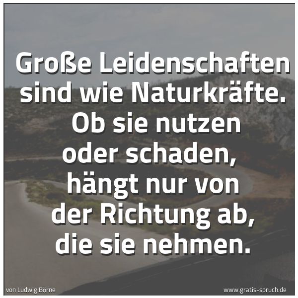 Spruchbild mit dem Text 'Große Leidenschaften sind wie Naturkräfte.
Ob sie nutzen oder schaden,
hängt nur von der Richtung ab, die sie nehmen.'