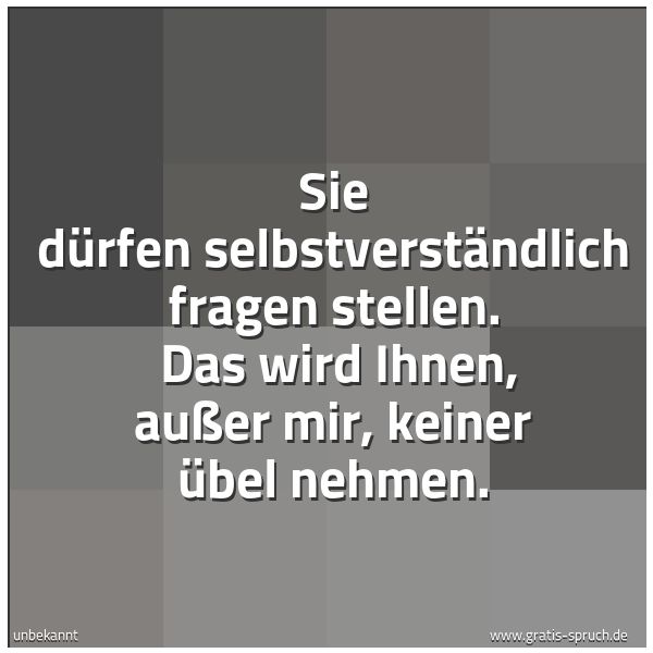 Spruchbild mit dem Text 'Sie dürfen selbstverständlich fragen stellen.
Das wird Ihnen, außer mir, keiner übel nehmen. '