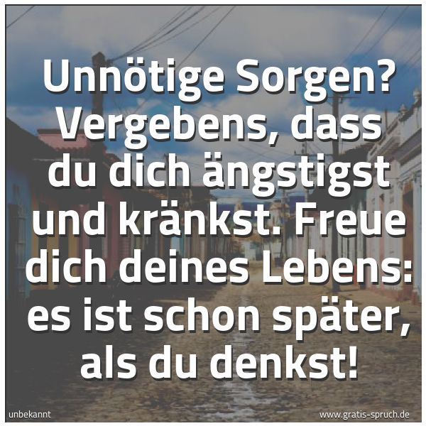 Spruchbild mit dem Text 'Unnötige Sorgen? Vergebens,
dass du dich ängstigst und kränkst.
Freue dich deines Lebens:
es ist schon später, als du denkst!'