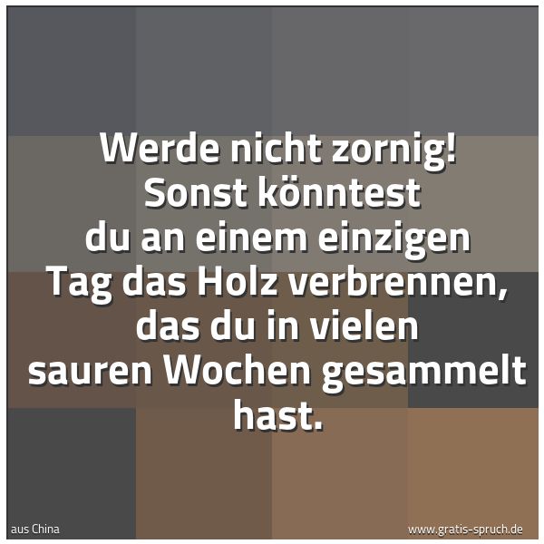 Spruchbild mit dem Text 'Werde nicht zornig!
Sonst könntest du an einem einzigen Tag das Holz verbrennen,
das du in vielen sauren Wochen gesammelt hast.'