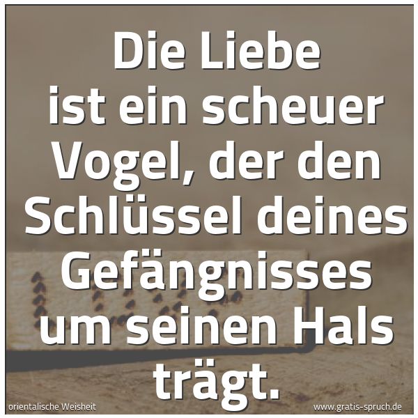 Spruchbild mit dem Text 'Die Liebe ist ein scheuer Vogel,
der den Schlüssel deines Gefängnisses
um seinen Hals trägt. '