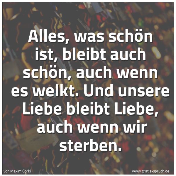 Spruchbild mit dem Text 'Alles, was schön ist,
bleibt auch schön, auch wenn es welkt.
Und unsere Liebe bleibt Liebe,
auch wenn wir sterben.'