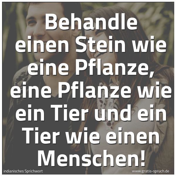 Spruchbild mit dem Text 'Behandle einen Stein wie eine Pflanze,
eine Pflanze wie ein Tier
und ein Tier wie einen Menschen!'