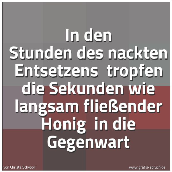 Spruchbild mit dem Text 'In den Stunden des nackten Entsetzens
tropfen die Sekunden wie langsam fließender Honig
in die Gegenwart'