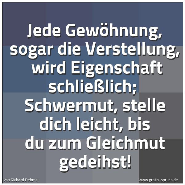 Spruchbild mit dem Text 'Jede Gewöhnung, sogar die Verstellung,
wird Eigenschaft schließlich;
Schwermut, stelle dich leicht, bis du zum Gleichmut gedeihst!'