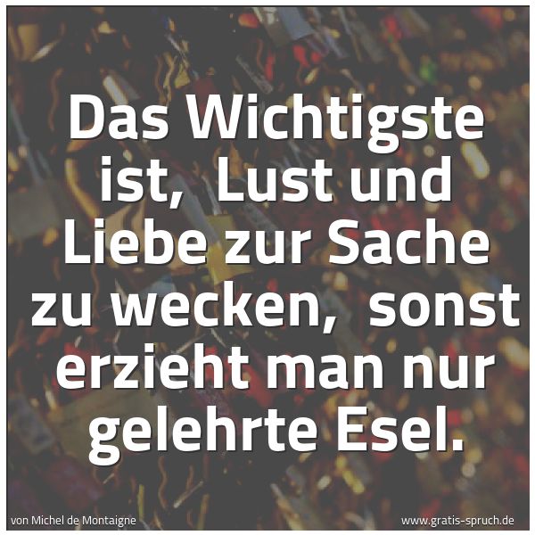 Spruchbild mit dem Text 'Das Wichtigste ist,
Lust und Liebe zur Sache zu wecken,
sonst erzieht man nur gelehrte Esel.'