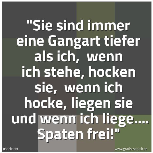 Spruchbild mit dem Text ''Sie sind immer eine Gangart tiefer als ich,
wenn ich stehe, hocken sie,
wenn ich hocke, liegen sie
und wenn ich liege.... Spaten frei!''