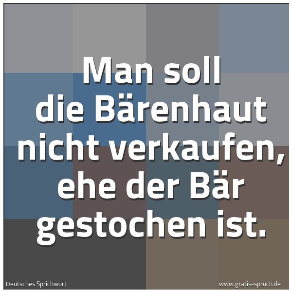 Spruchbild mit dem Text 'Man soll die Bärenhaut nicht verkaufen,
ehe der Bär gestochen ist.'