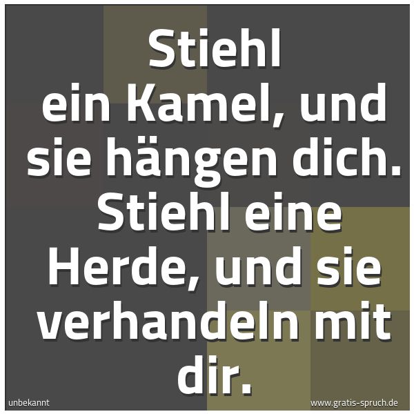 Spruchbild mit dem Text 'Stiehl ein Kamel, und sie hängen dich.
Stiehl eine Herde, und sie verhandeln mit dir.'