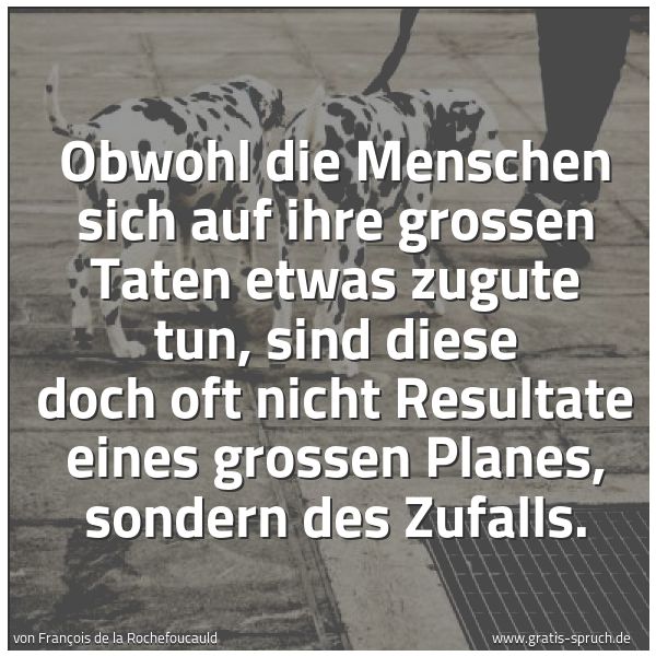 Spruchbild mit dem Text 'Obwohl die Menschen sich auf ihre grossen Taten etwas zugute tun,
sind diese doch oft nicht Resultate eines grossen Planes, sondern des Zufalls.'