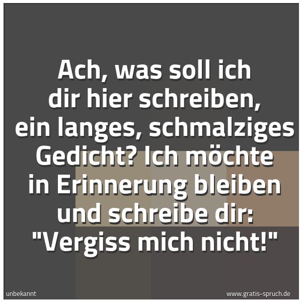 Spruchbild mit dem Text 'Ach, was soll ich dir hier schreiben,
ein langes, schmalziges Gedicht?
Ich möchte in Erinnerung bleiben
und schreibe dir: 'Vergiss mich nicht!''