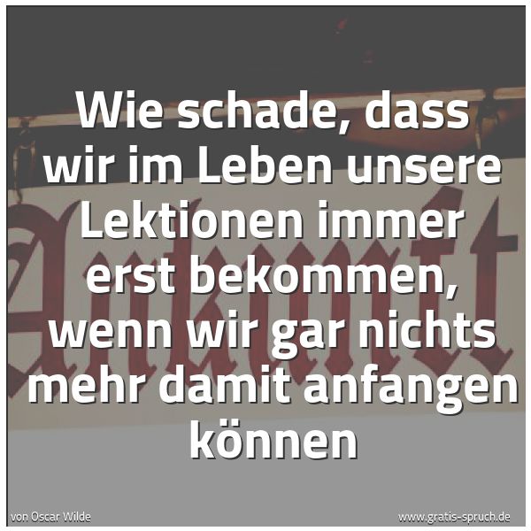 Spruchbild mit dem Text 'Wie schade, dass wir im Leben unsere Lektionen immer erst bekommen, wenn wir gar nichts mehr damit anfangen können '