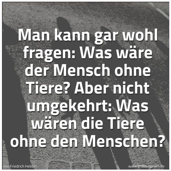 Spruchbild mit dem Text 'Man kann gar wohl fragen:
Was wäre der Mensch ohne Tiere?
Aber nicht umgekehrt:
Was wären die Tiere ohne den Menschen?'