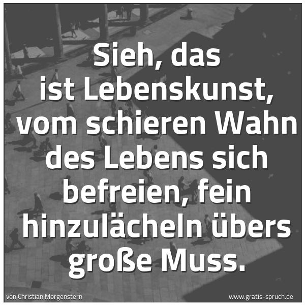 Spruchbild mit dem Text 'Sieh, das ist Lebenskunst,
vom schieren Wahn des Lebens sich befreien,
fein hinzulächeln übers große Muss.
'