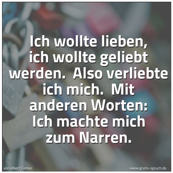 Spruchbild mit dem Text 'Ich wollte lieben, ich wollte geliebt werden.
Also verliebte ich mich.
Mit anderen Worten: Ich machte mich zum Narren.'