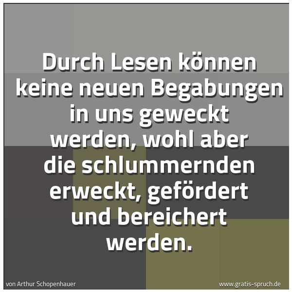 Spruchbild mit dem Text 'Durch Lesen können keine neuen Begabungen in uns geweckt werden, wohl aber die schlummernden erweckt, gefördert und bereichert werden.'