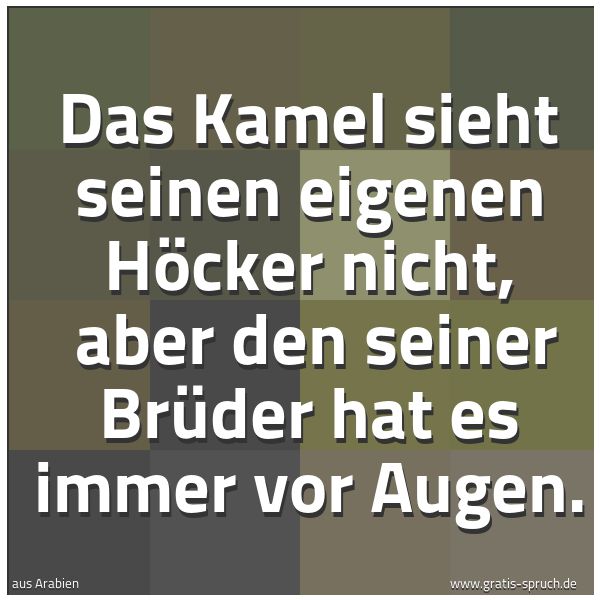 Spruchbild mit dem Text 'Das Kamel sieht seinen eigenen Höcker nicht,
aber den seiner Brüder hat es immer vor Augen.'