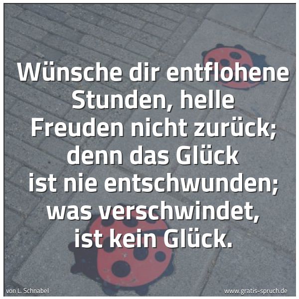 Spruchbild mit dem Text 'Wünsche dir entflohene Stunden,
helle Freuden nicht zurück;
denn das Glück ist nie entschwunden;
was verschwindet, ist kein Glück.'
