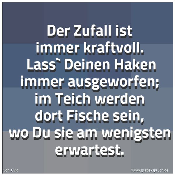 Spruchbild mit dem Text 'Der Zufall ist immer kraftvoll.
Lass` Deinen Haken immer ausgeworfen; im Teich werden dort Fische sein, wo Du sie am wenigsten erwartest.'