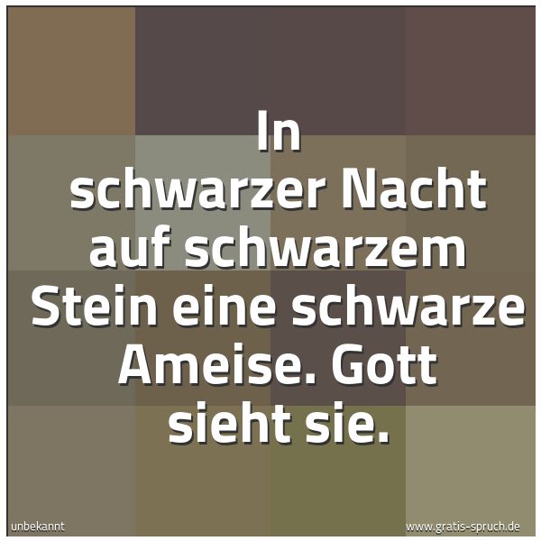 Spruchbild mit dem Text 'In schwarzer Nacht
auf schwarzem Stein
eine schwarze Ameise.
Gott sieht sie.'