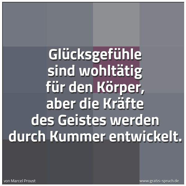 Spruchbild mit dem Text 'Glücksgefühle sind wohltätig für den Körper,
aber die Kräfte des Geistes
werden durch Kummer entwickelt.'