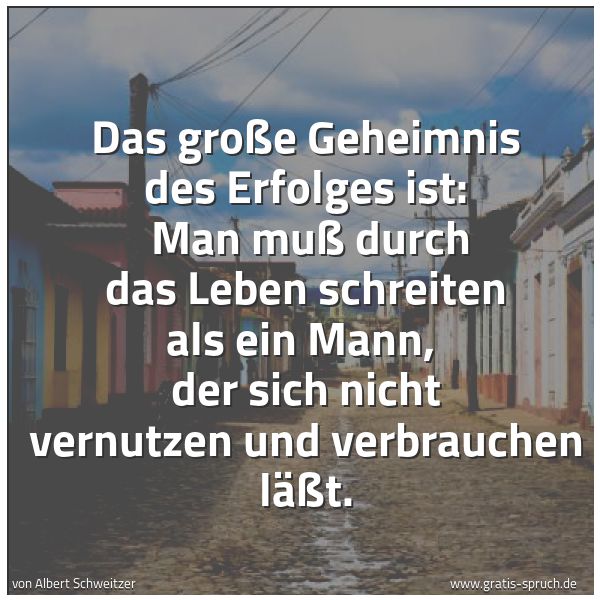Spruchbild mit dem Text 'Das große Geheimnis des Erfolges ist:
Man muß durch das Leben schreiten als ein Mann,
der sich nicht vernutzen und verbrauchen läßt.'