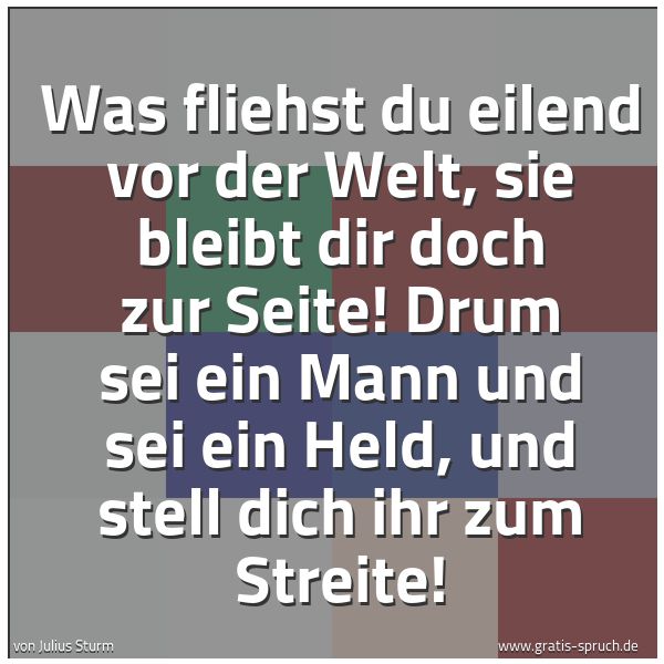 Spruchbild mit dem Text 'Was fliehst du eilend vor der Welt,
sie bleibt dir doch zur Seite!
Drum sei ein Mann und sei ein Held,
und stell dich ihr zum Streite!'