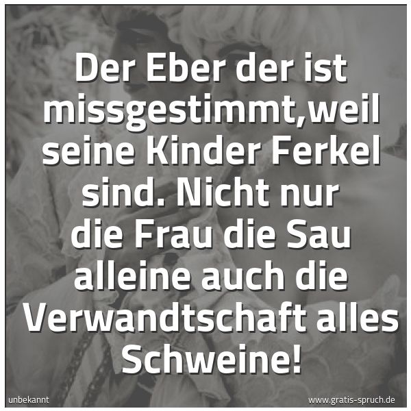 Spruchbild mit dem Text 'Der Eber der ist missgestimmt,weil seine Kinder Ferkel sind.
Nicht nur die Frau die Sau alleine auch die Verwandtschaft alles Schweine!'