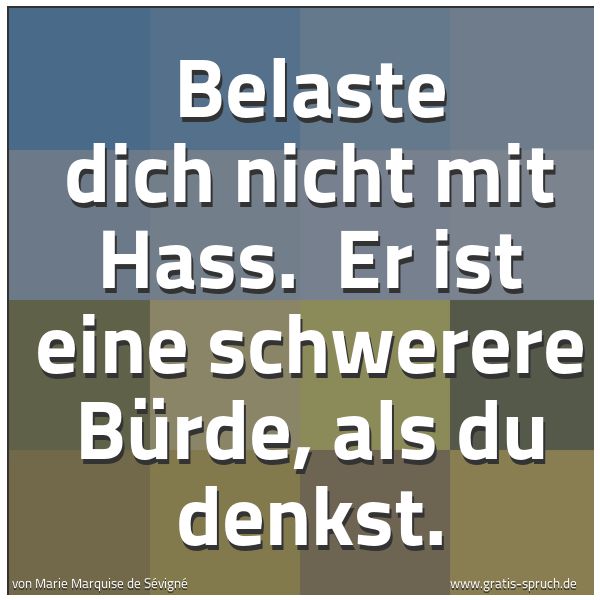 Spruchbild mit dem Text 'Belaste dich nicht mit Hass.
Er ist eine schwerere Bürde, als du denkst.'