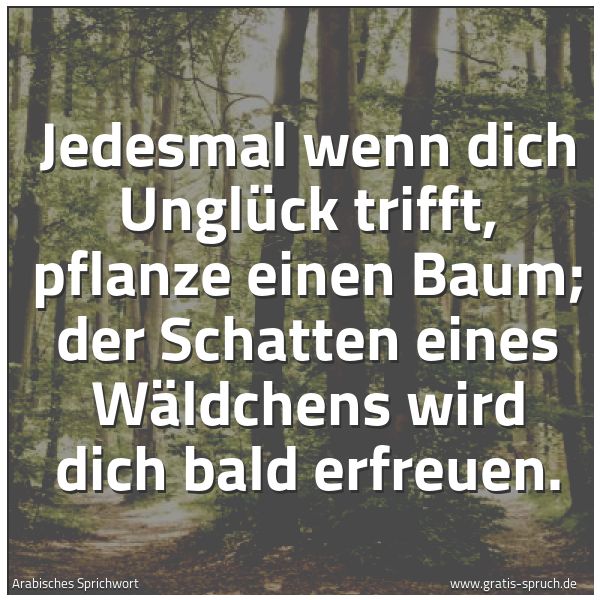 Spruchbild mit dem Text 'Jedesmal wenn dich Unglück trifft, pflanze einen Baum;
der Schatten eines Wäldchens wird dich bald erfreuen. '